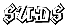The clipart image depicts the word Suds in a style reminiscent of graffiti. The letters are drawn in a bold, block-like script with sharp angles and a three-dimensional appearance.