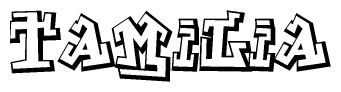 The clipart image depicts the word Tamilia in a style reminiscent of graffiti. The letters are drawn in a bold, block-like script with sharp angles and a three-dimensional appearance.