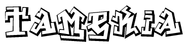 The image is a stylized representation of the letters Tamekia designed to mimic the look of graffiti text. The letters are bold and have a three-dimensional appearance, with emphasis on angles and shadowing effects.