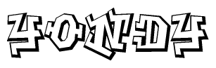The clipart image depicts the word Yondy in a style reminiscent of graffiti. The letters are drawn in a bold, block-like script with sharp angles and a three-dimensional appearance.