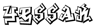 The clipart image depicts the word Yessak in a style reminiscent of graffiti. The letters are drawn in a bold, block-like script with sharp angles and a three-dimensional appearance.