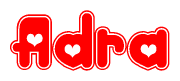 The image is a clipart featuring the word Adra written in a stylized font with a heart shape replacing inserted into the center of each letter. The color scheme of the text and hearts is red with a light outline.