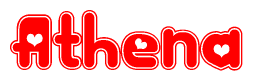 The image is a red and white graphic with the word Athena written in a decorative script. Each letter in  is contained within its own outlined bubble-like shape. Inside each letter, there is a white heart symbol.