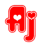 The image is a clipart featuring the word Aj written in a stylized font with a heart shape replacing inserted into the center of each letter. The color scheme of the text and hearts is red with a light outline.