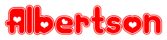 The image is a clipart featuring the word Albertson written in a stylized font with a heart shape replacing inserted into the center of each letter. The color scheme of the text and hearts is red with a light outline.
