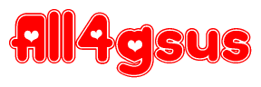 The image is a red and white graphic with the word All4gsus written in a decorative script. Each letter in  is contained within its own outlined bubble-like shape. Inside each letter, there is a white heart symbol.