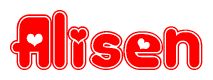 The image is a red and white graphic with the word Alisen written in a decorative script. Each letter in  is contained within its own outlined bubble-like shape. Inside each letter, there is a white heart symbol.