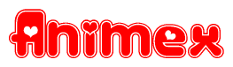 The image is a red and white graphic with the word Animex written in a decorative script. Each letter in  is contained within its own outlined bubble-like shape. Inside each letter, there is a white heart symbol.
