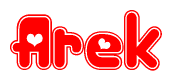 The image is a clipart featuring the word Arek written in a stylized font with a heart shape replacing inserted into the center of each letter. The color scheme of the text and hearts is red with a light outline.