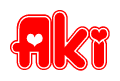 The image is a clipart featuring the word Aki written in a stylized font with a heart shape replacing inserted into the center of each letter. The color scheme of the text and hearts is red with a light outline.