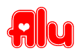 The image is a red and white graphic with the word Alu written in a decorative script. Each letter in  is contained within its own outlined bubble-like shape. Inside each letter, there is a white heart symbol.