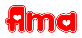 The image is a red and white graphic with the word Ama written in a decorative script. Each letter in  is contained within its own outlined bubble-like shape. Inside each letter, there is a white heart symbol.