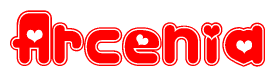 The image is a clipart featuring the word Arcenia written in a stylized font with a heart shape replacing inserted into the center of each letter. The color scheme of the text and hearts is red with a light outline.