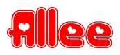 The image displays the word Allee written in a stylized red font with hearts inside the letters.