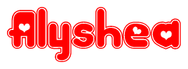 The image is a clipart featuring the word Alyshea written in a stylized font with a heart shape replacing inserted into the center of each letter. The color scheme of the text and hearts is red with a light outline.