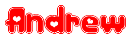 The image is a clipart featuring the word Andrew written in a stylized font with a heart shape replacing inserted into the center of each letter. The color scheme of the text and hearts is red with a light outline.