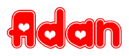 The image is a red and white graphic with the word Adan written in a decorative script. Each letter in  is contained within its own outlined bubble-like shape. Inside each letter, there is a white heart symbol.