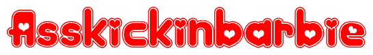 The image is a clipart featuring the word Asskickinbarbie written in a stylized font with a heart shape replacing inserted into the center of each letter. The color scheme of the text and hearts is red with a light outline.