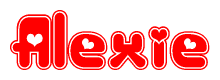 The image is a clipart featuring the word Alexie written in a stylized font with a heart shape replacing inserted into the center of each letter. The color scheme of the text and hearts is red with a light outline.