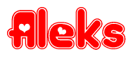 The image is a red and white graphic with the word Aleks written in a decorative script. Each letter in  is contained within its own outlined bubble-like shape. Inside each letter, there is a white heart symbol.