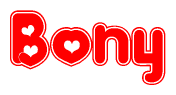 The image displays the word Bony written in a stylized red font with hearts inside the letters.