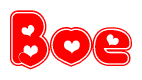 The image is a clipart featuring the word Boe written in a stylized font with a heart shape replacing inserted into the center of each letter. The color scheme of the text and hearts is red with a light outline.