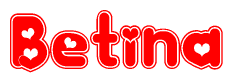 The image is a red and white graphic with the word Betina written in a decorative script. Each letter in  is contained within its own outlined bubble-like shape. Inside each letter, there is a white heart symbol.