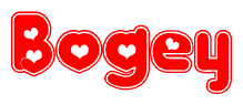The image is a red and white graphic with the word Bogey written in a decorative script. Each letter in  is contained within its own outlined bubble-like shape. Inside each letter, there is a white heart symbol.