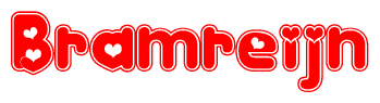 The image is a red and white graphic with the word Bramreijn written in a decorative script. Each letter in  is contained within its own outlined bubble-like shape. Inside each letter, there is a white heart symbol.