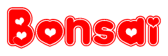 The image displays the word Bonsai written in a stylized red font with hearts inside the letters.