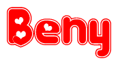 The image is a red and white graphic with the word Beny written in a decorative script. Each letter in  is contained within its own outlined bubble-like shape. Inside each letter, there is a white heart symbol.