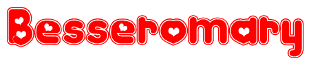The image is a red and white graphic with the word Besseromary written in a decorative script. Each letter in  is contained within its own outlined bubble-like shape. Inside each letter, there is a white heart symbol.