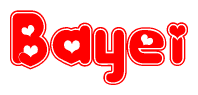 The image is a red and white graphic with the word Bayei written in a decorative script. Each letter in  is contained within its own outlined bubble-like shape. Inside each letter, there is a white heart symbol.