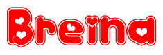 The image is a clipart featuring the word Breina written in a stylized font with a heart shape replacing inserted into the center of each letter. The color scheme of the text and hearts is red with a light outline.