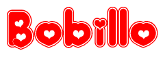The image is a clipart featuring the word Bobillo written in a stylized font with a heart shape replacing inserted into the center of each letter. The color scheme of the text and hearts is red with a light outline.