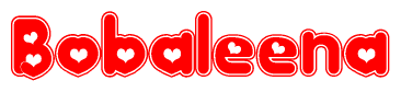The image is a red and white graphic with the word Bobaleena written in a decorative script. Each letter in  is contained within its own outlined bubble-like shape. Inside each letter, there is a white heart symbol.