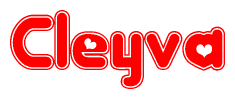 The image is a red and white graphic with the word Cleyva written in a decorative script. Each letter in  is contained within its own outlined bubble-like shape. Inside each letter, there is a white heart symbol.