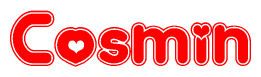 The image is a red and white graphic with the word Cosmin written in a decorative script. Each letter in  is contained within its own outlined bubble-like shape. Inside each letter, there is a white heart symbol.