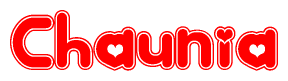 The image displays the word Chaunia written in a stylized red font with hearts inside the letters.