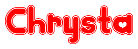The image is a red and white graphic with the word Chrysta written in a decorative script. Each letter in  is contained within its own outlined bubble-like shape. Inside each letter, there is a white heart symbol.