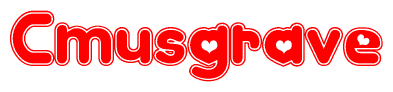 The image is a red and white graphic with the word Cmusgrave written in a decorative script. Each letter in  is contained within its own outlined bubble-like shape. Inside each letter, there is a white heart symbol.