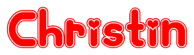 The image is a red and white graphic with the word Christin written in a decorative script. Each letter in  is contained within its own outlined bubble-like shape. Inside each letter, there is a white heart symbol.