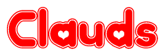 The image is a clipart featuring the word Clauds written in a stylized font with a heart shape replacing inserted into the center of each letter. The color scheme of the text and hearts is red with a light outline.