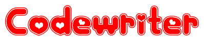 The image is a red and white graphic with the word Codewriter written in a decorative script. Each letter in  is contained within its own outlined bubble-like shape. Inside each letter, there is a white heart symbol.