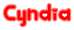 The image is a clipart featuring the word Cyndia written in a stylized font with a heart shape replacing inserted into the center of each letter. The color scheme of the text and hearts is red with a light outline.