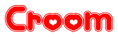 The image is a clipart featuring the word Croom written in a stylized font with a heart shape replacing inserted into the center of each letter. The color scheme of the text and hearts is red with a light outline.