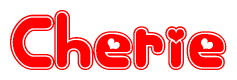The image is a red and white graphic with the word Cherie written in a decorative script. Each letter in  is contained within its own outlined bubble-like shape. Inside each letter, there is a white heart symbol.