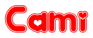 The image is a red and white graphic with the word Cami written in a decorative script. Each letter in  is contained within its own outlined bubble-like shape. Inside each letter, there is a white heart symbol.