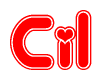 The image is a red and white graphic with the word Cil written in a decorative script. Each letter in  is contained within its own outlined bubble-like shape. Inside each letter, there is a white heart symbol.