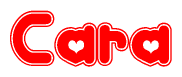 The image is a red and white graphic with the word Cara written in a decorative script. Each letter in  is contained within its own outlined bubble-like shape. Inside each letter, there is a white heart symbol.